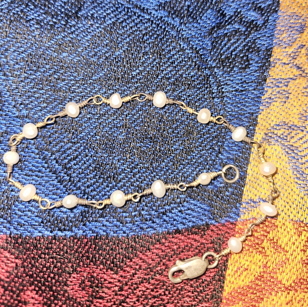 925 Yellow gold and white gold wire connect fresh water Anklet. Photos